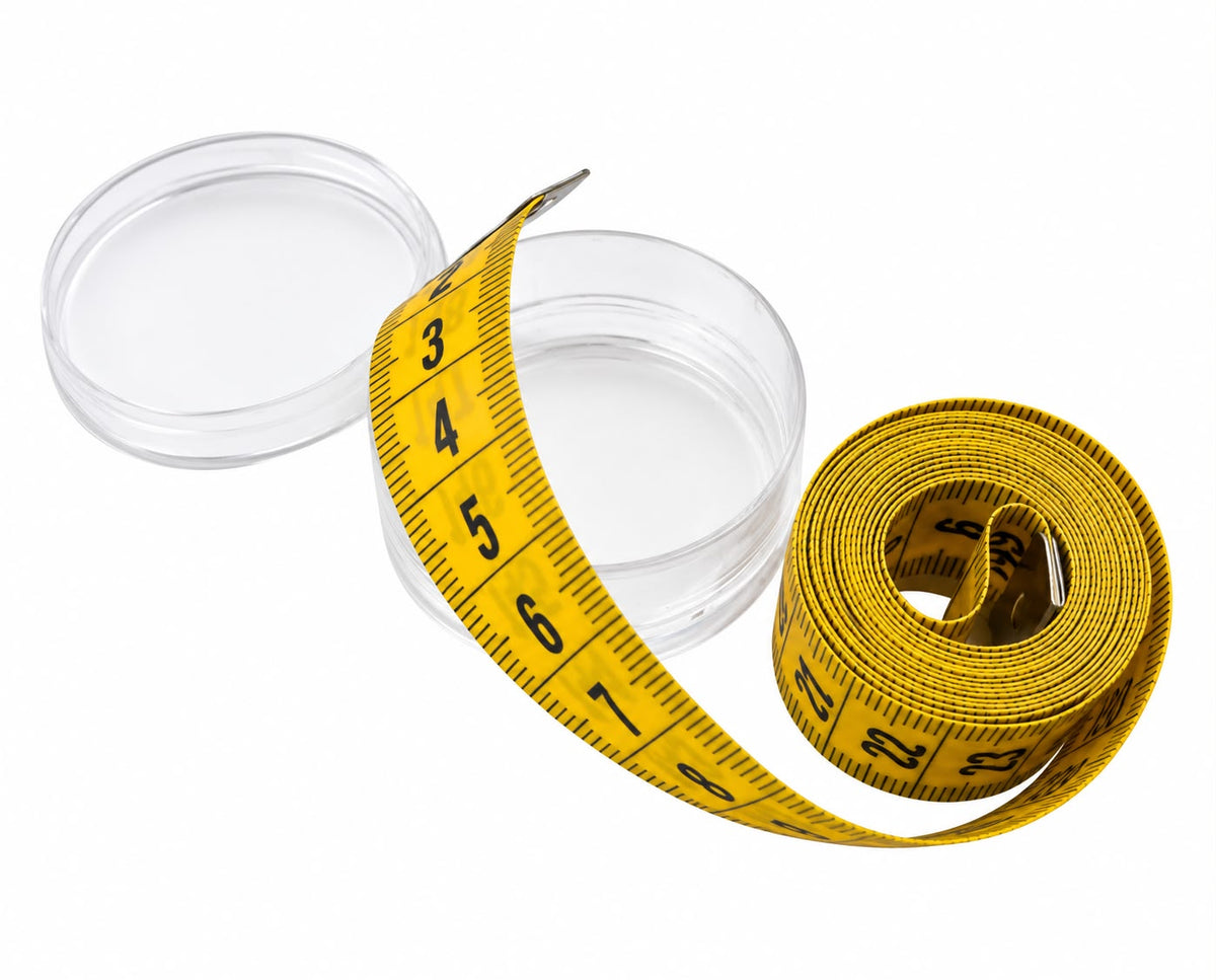 Cinta métrica de costura amarilla con caja transparente