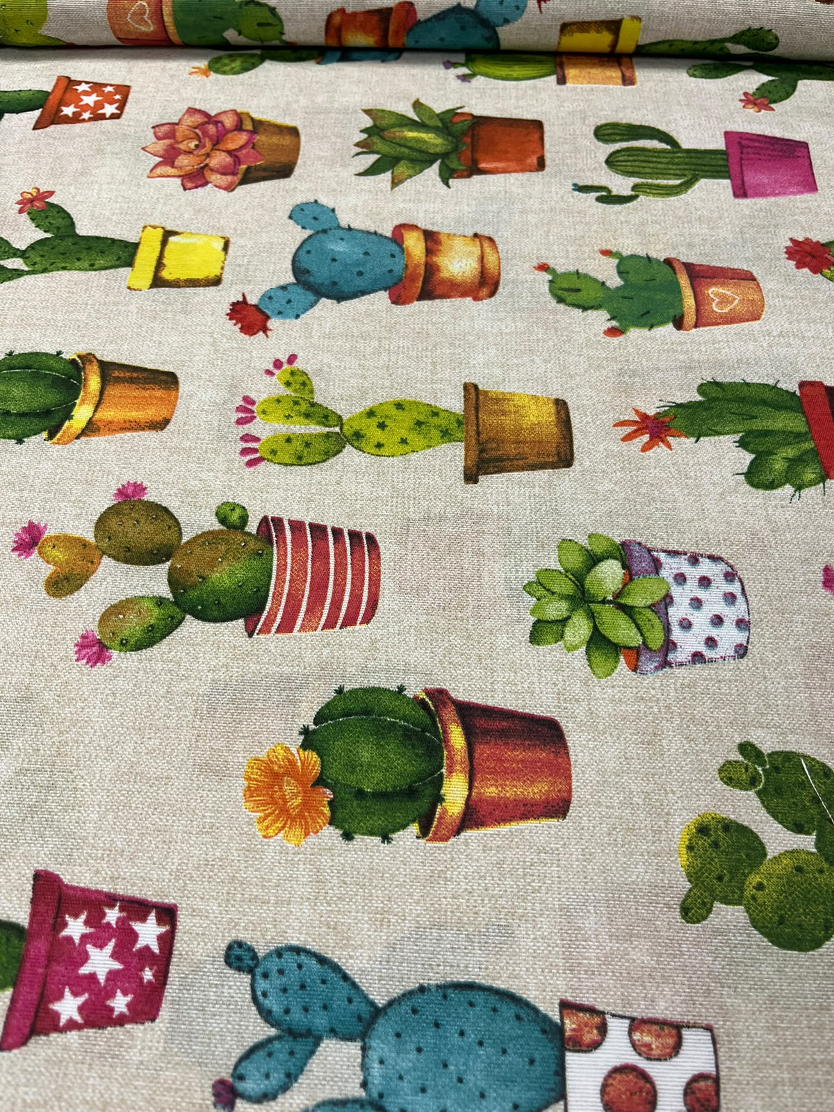 Loneta estampado cactus - detalle rollo y diseño completo